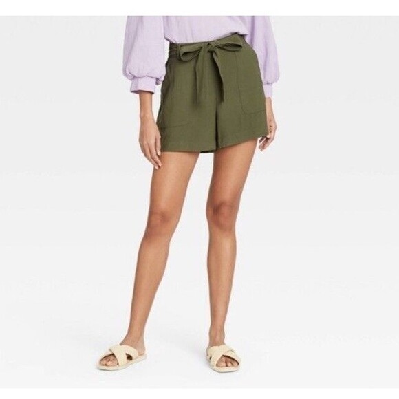 A New Day Paperbag Shorts Size L Tie High Waist Olive Green Wide leg  Boho - Picture 1 of 10